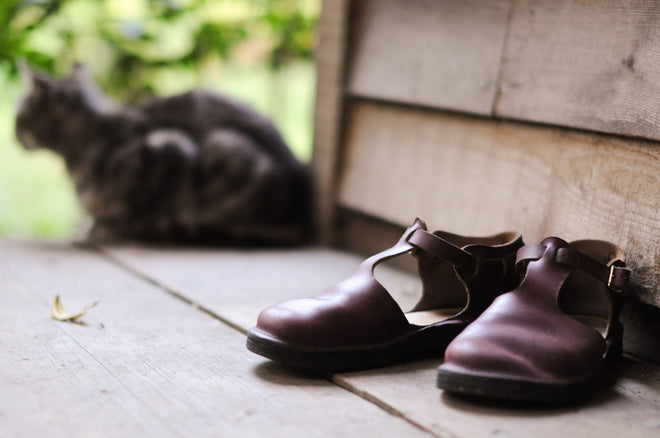 A pair of burgundy T-Strap handmade leather shoes by Aurora Shoe Co. sits on a wooden porch adjacent to a home with natural wood siding. A cat appears in the background.