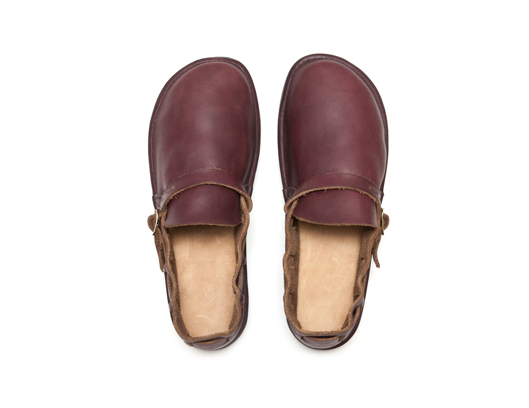 Burgundy Middle English Handmade Leather shoes by Aurora Shoe Co. - Top down, white background.