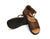 Brown New Mexican handmade leather sandals by Aurora Shoe Co. - stacked orientation on white background.