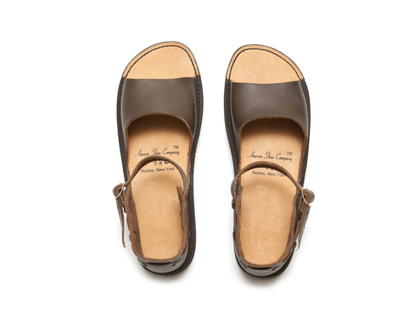 Olive New Mexican handmade leather sandals by Aurora Shoe Co. - top down orientation on white background.