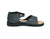 Navy New Mexican handmade leather sandals by Aurora Shoe Co. - side profile orientation on white background.