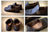 Multiple angles of Men's Middle English Olive Leather Shoes, aged, on wood floor