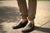 Men's Olive Middle English Handmade Leather Shoes - on models feet, no socks, rolled khaki pantleg